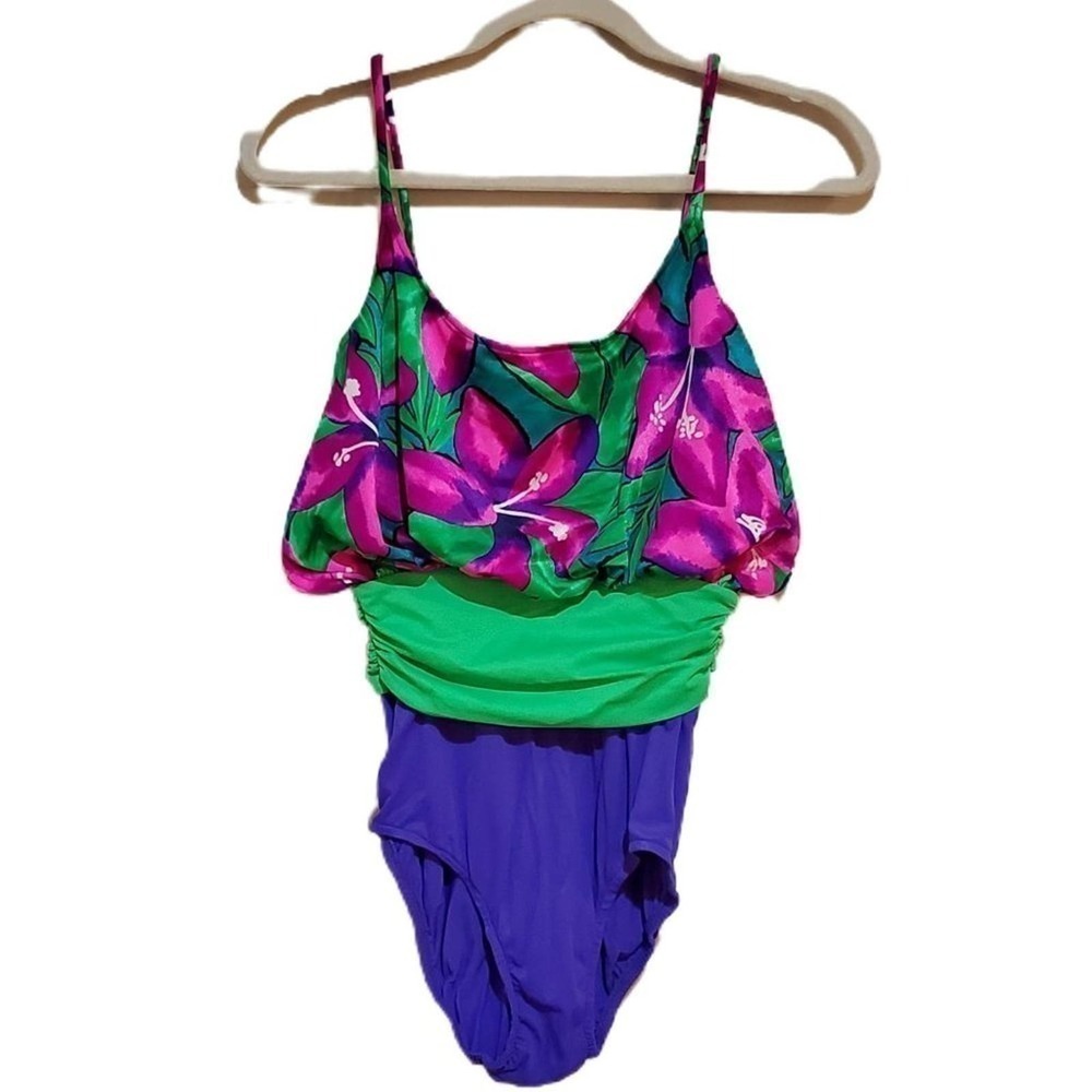 Women's Size 12 Vintage Sirena Tropical Floral One Piece Color Purple Pink Green